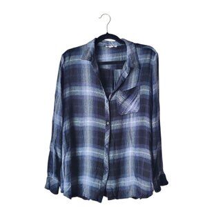 Beach Lunch Lounge Blue Plaid Button Up Blouse